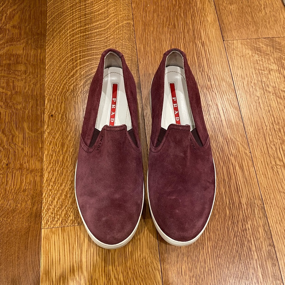 Prada Burgundy Suede Slip on Shoe